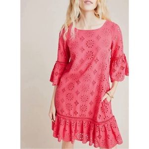 ANTHROPOLOGIE Size 12 Eyelet Ruffle Tassel Dress Pink